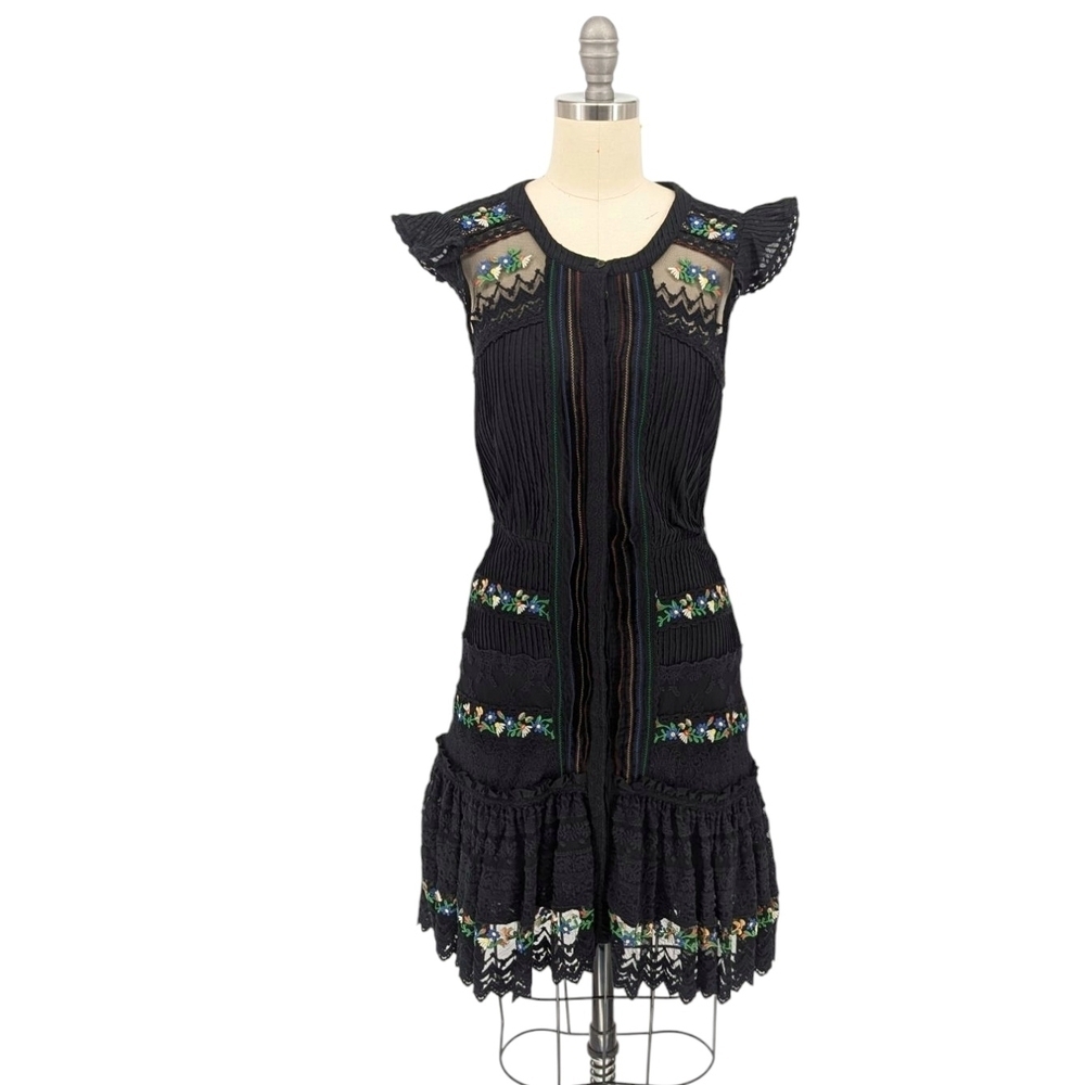 01388 Saloni Embroidered Button Down Dress Black XS/0 bohemian cottagecore